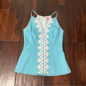 Lilly Pulitzer Annabelle Tank V Neck Women’s 00 Blue With White Lace Detail